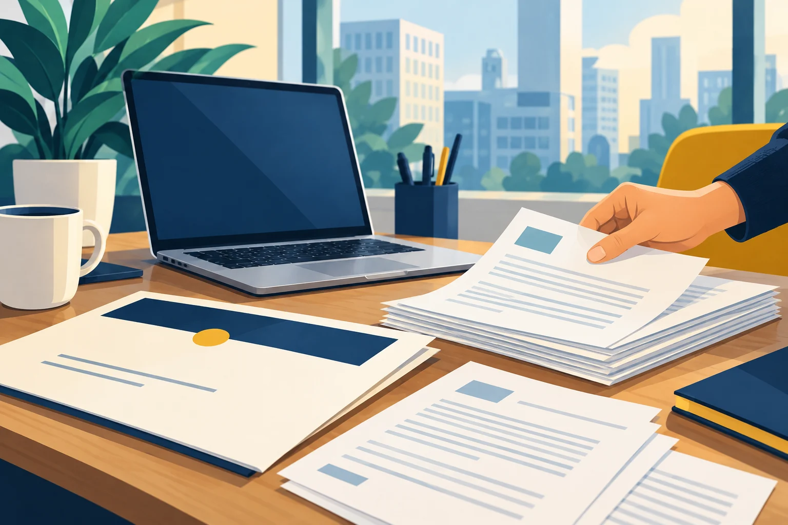 A hand checking a document packet beside a laptop and cover sheet.