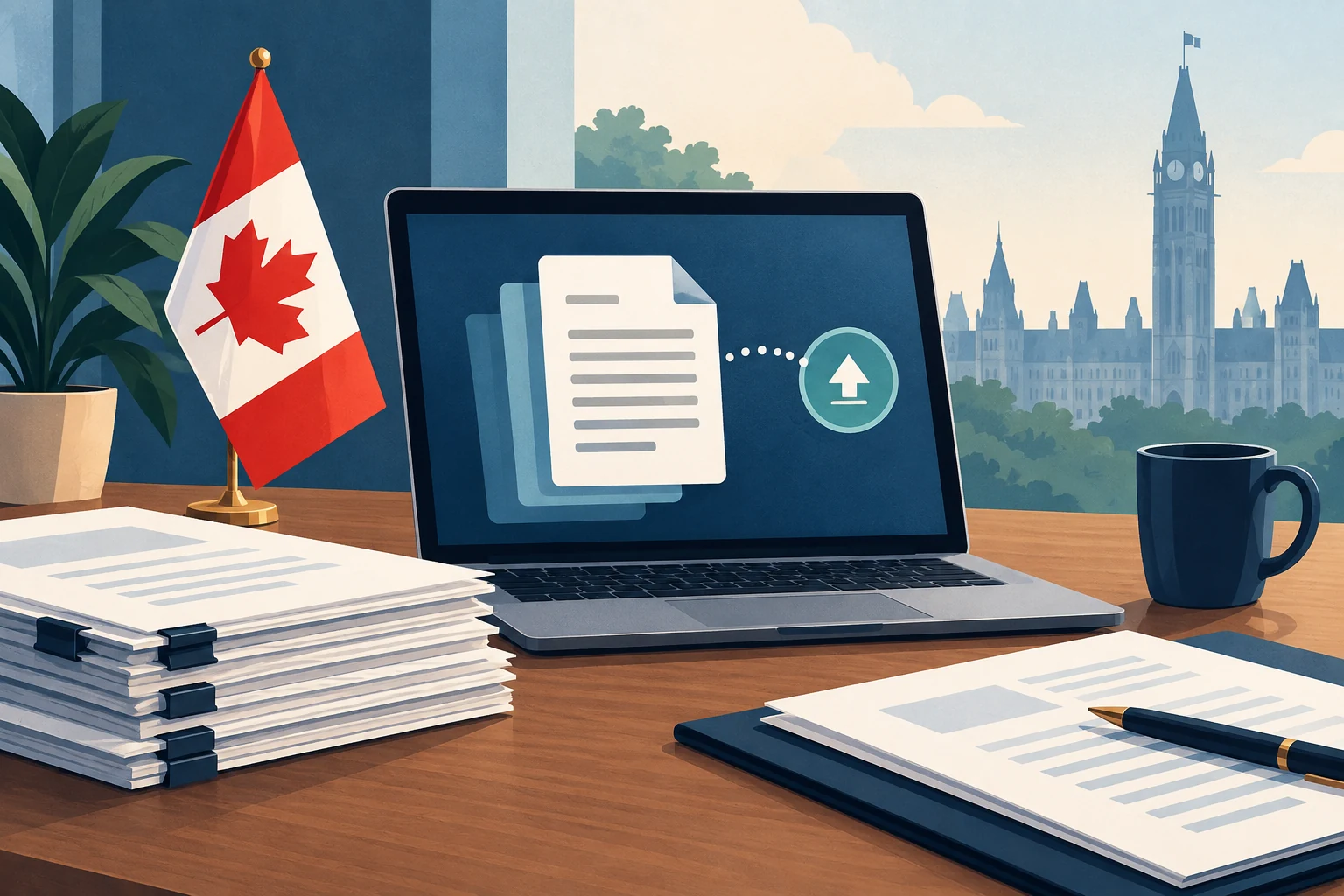 Canadian flag beside a laptop and an organized packet of supporting documents.