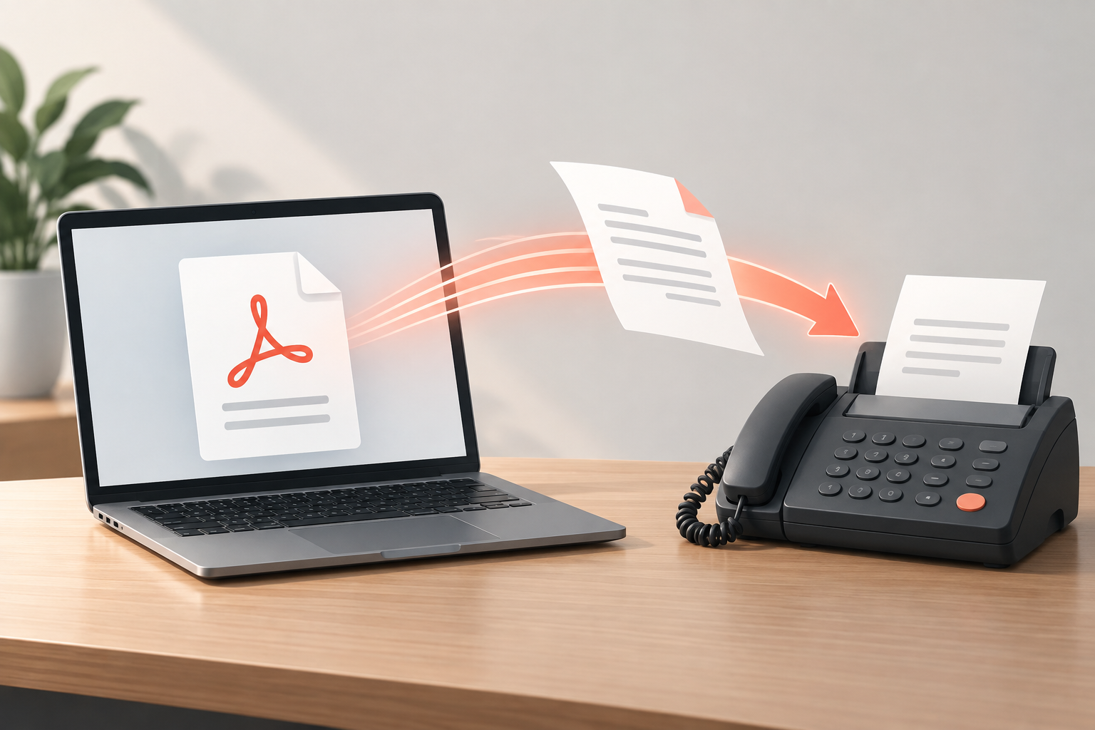 A digital PDF moving from a laptop to a receiving fax machine.
