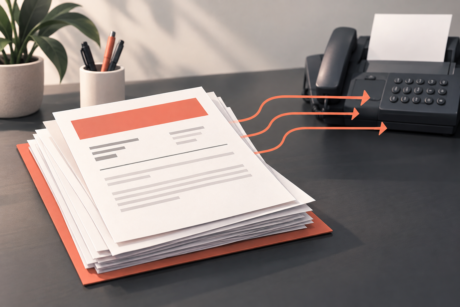 A cover sheet on a document packet with routing arrows toward a fax machine.