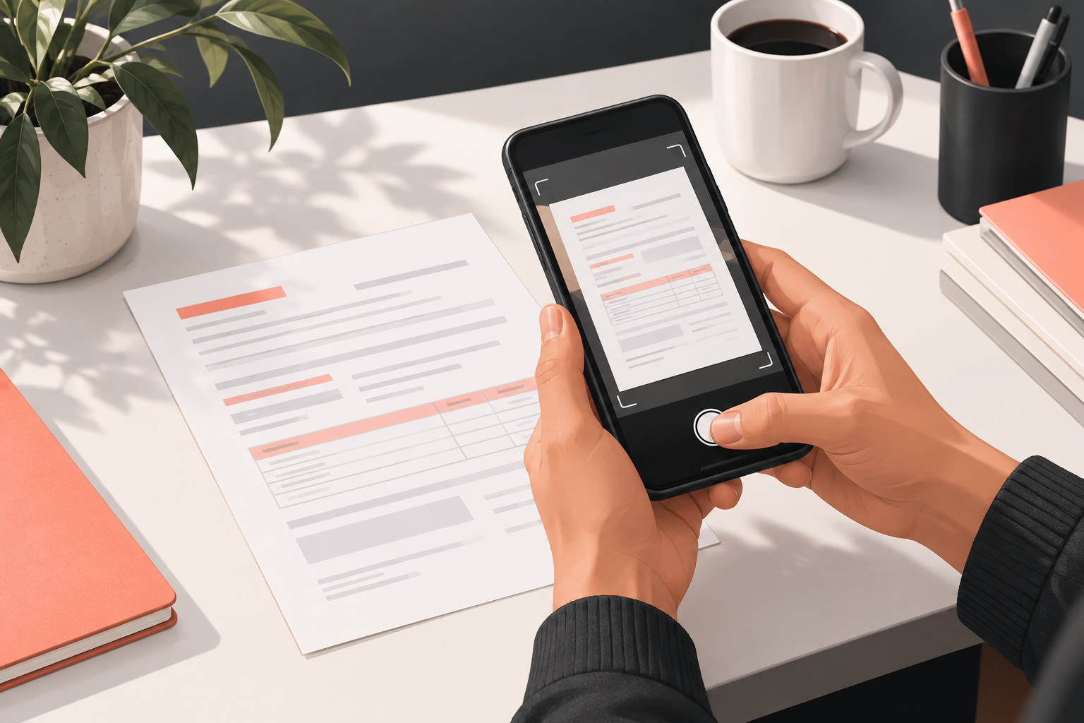 Hands using a smartphone to capture a paper document.