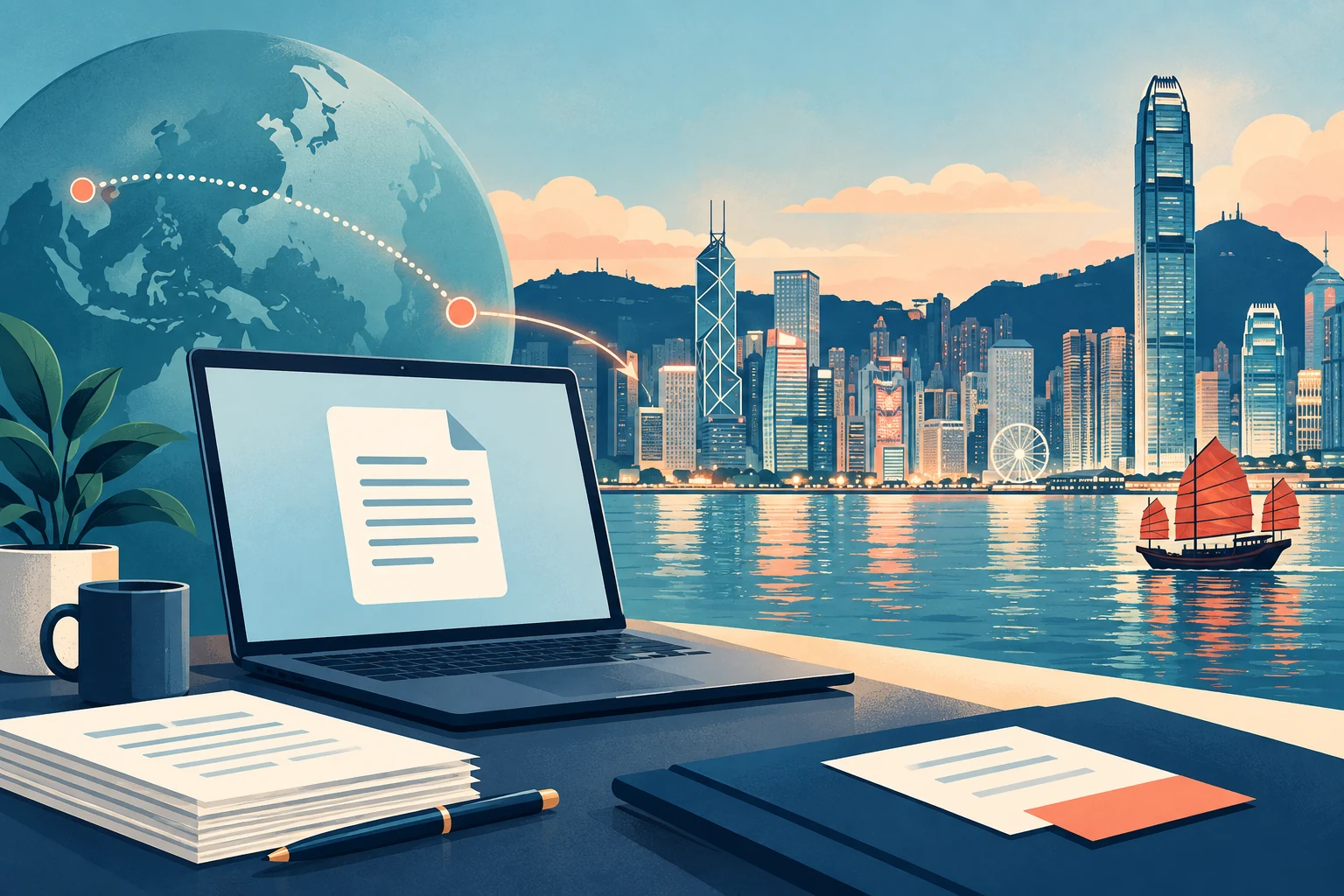 Hong Kong harbour skyline behind a laptop and neatly arranged documents.