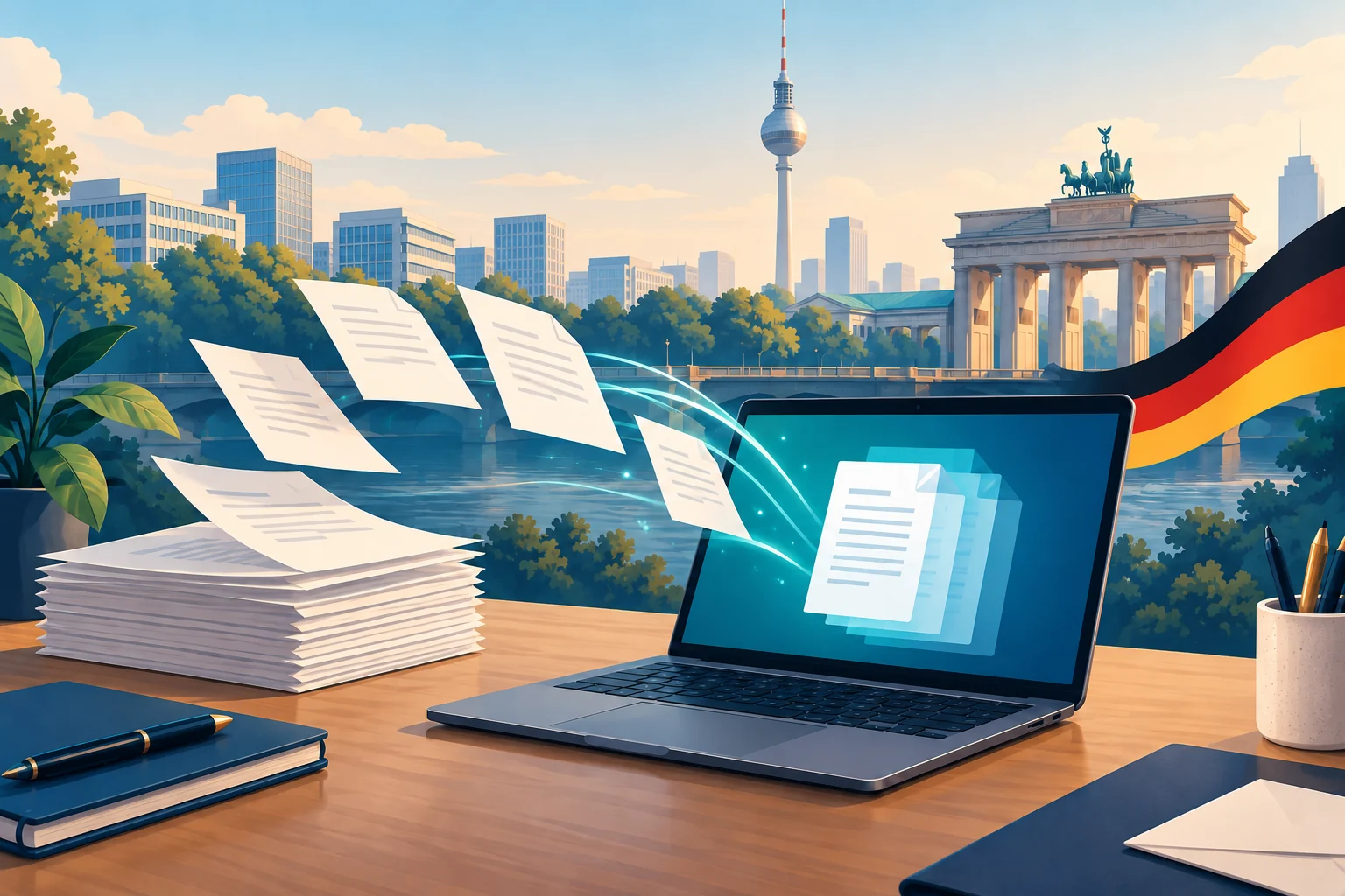 Laptop and documents with Berlin landmarks and a German flag ribbon.