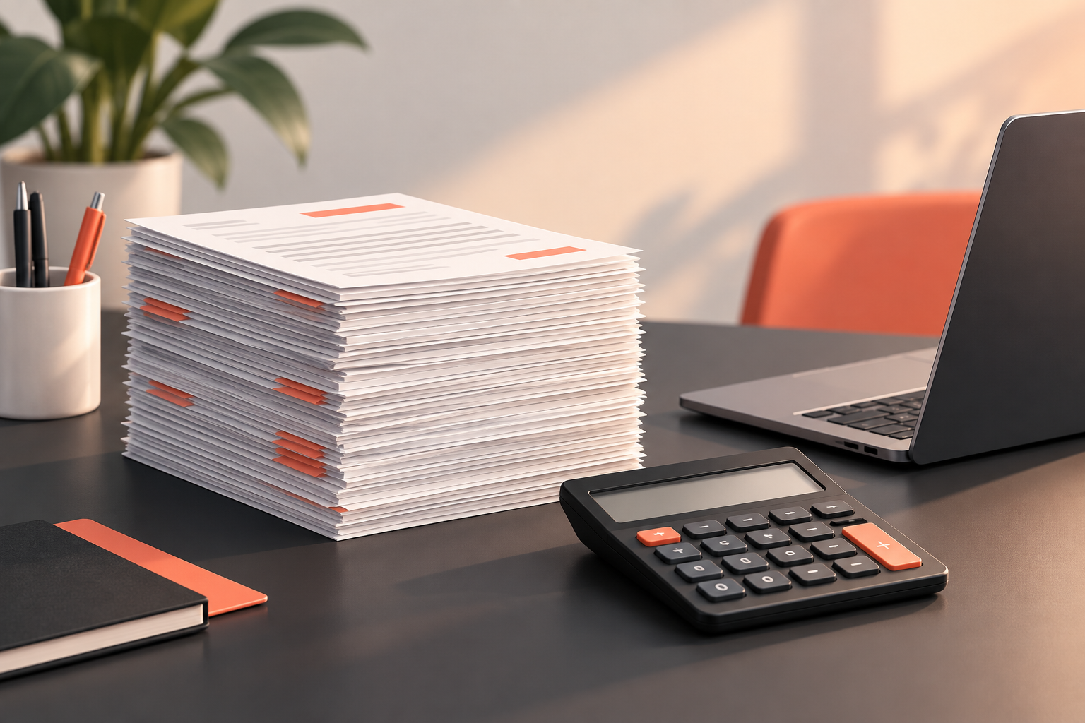 Documents beside a calculator and laptop for planning online fax costs.
